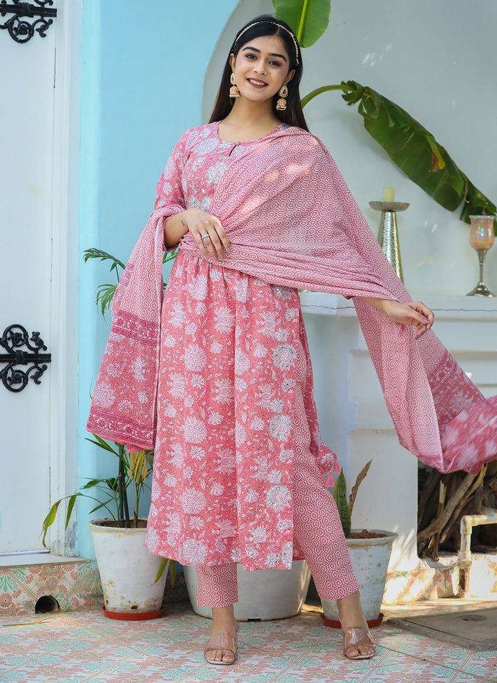 Pink Floral Print Cotton Kurta Pant With Dupatta Set (pack of 3)