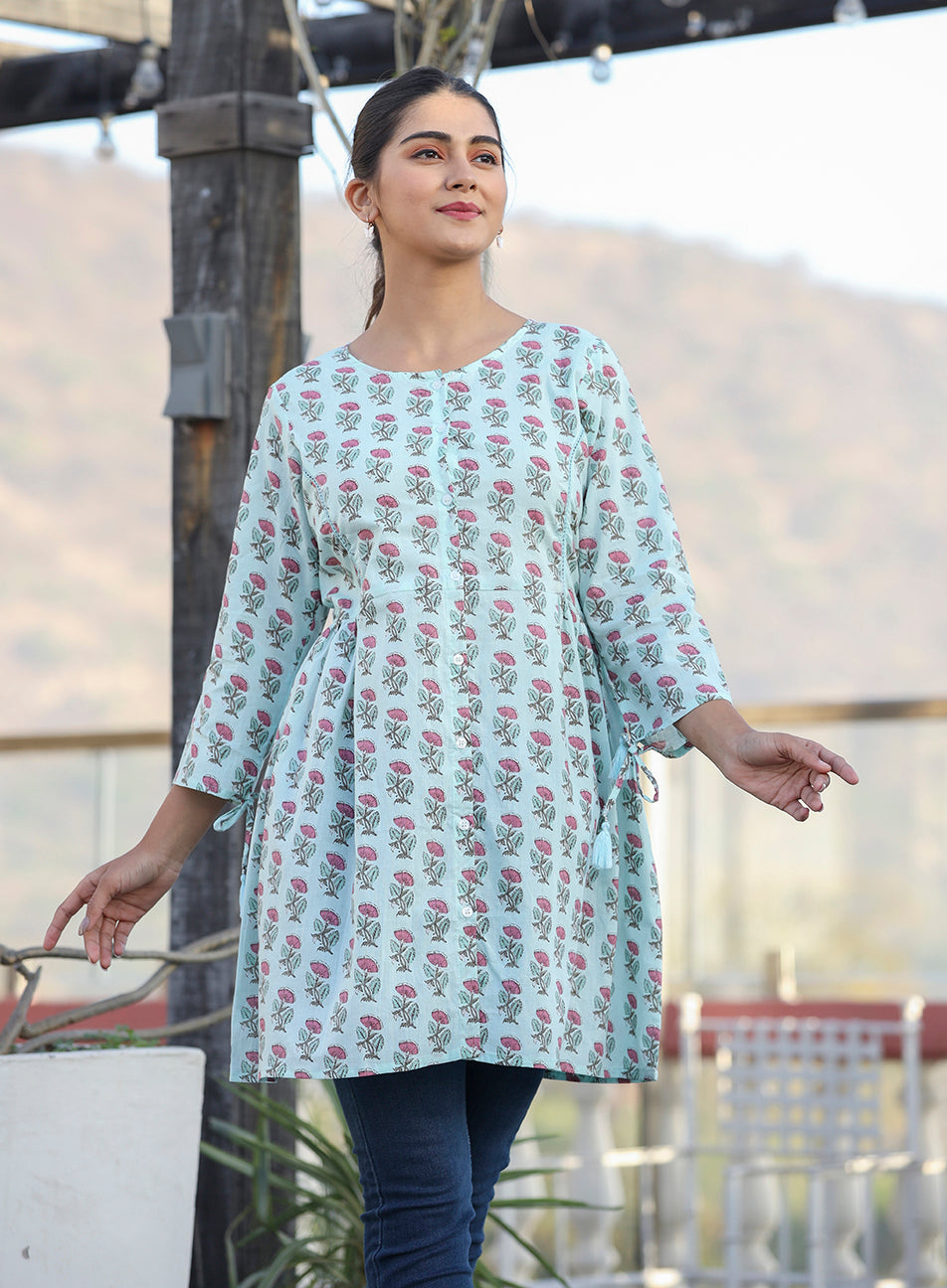 Light Green Floral Print Cotton Shirt Style Tunic (pack of 1)