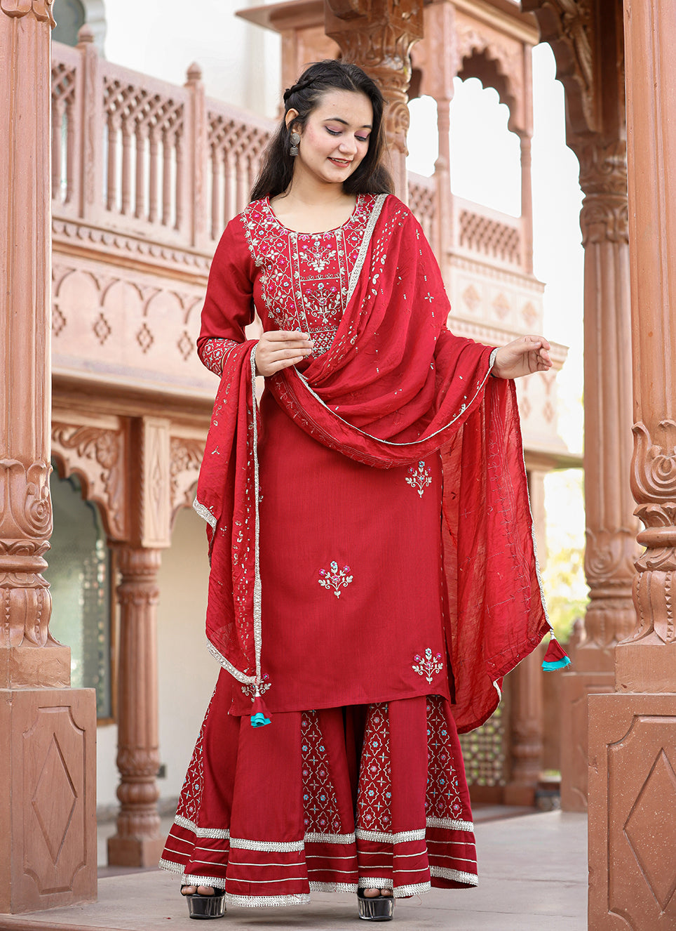 Red Rayon Embroidered Kurta Sharara Set With Dupatta