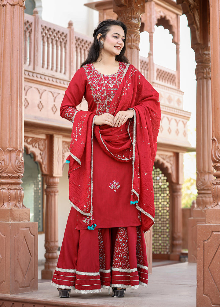 Red Rayon Embroidered Kurta Sharara Set With Dupatta