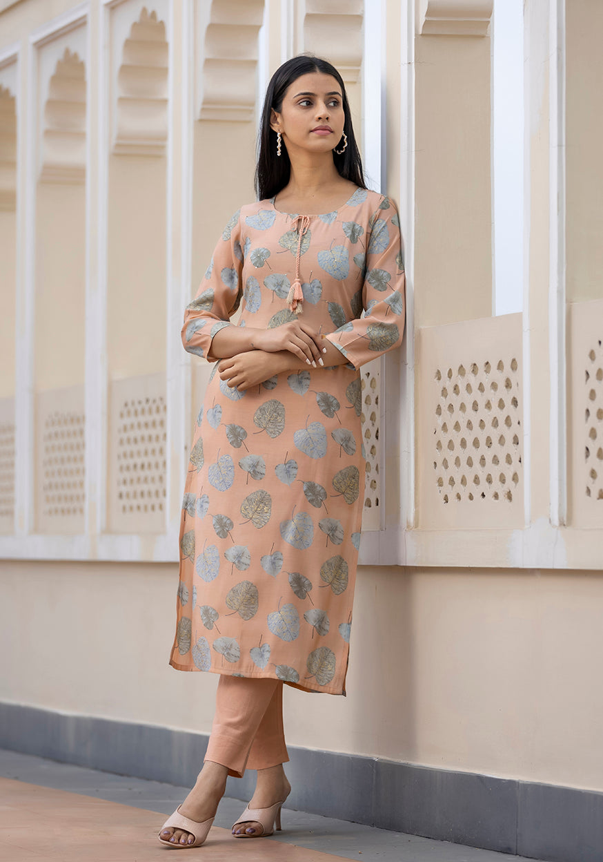 Women's Peach Modal Silk Printed Kurta Pant Set With Dupatta