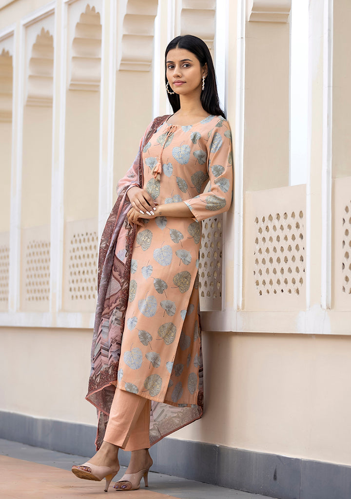 Women's Peach Modal Silk Printed Kurta Pant Set With Dupatta (pack of 3)