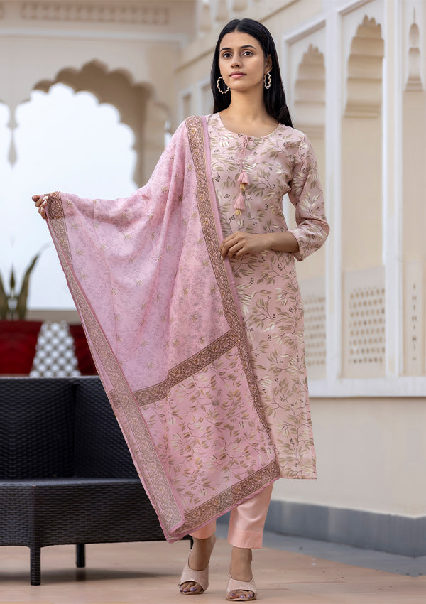 Pink Floral Print Modal Silk Suit Set