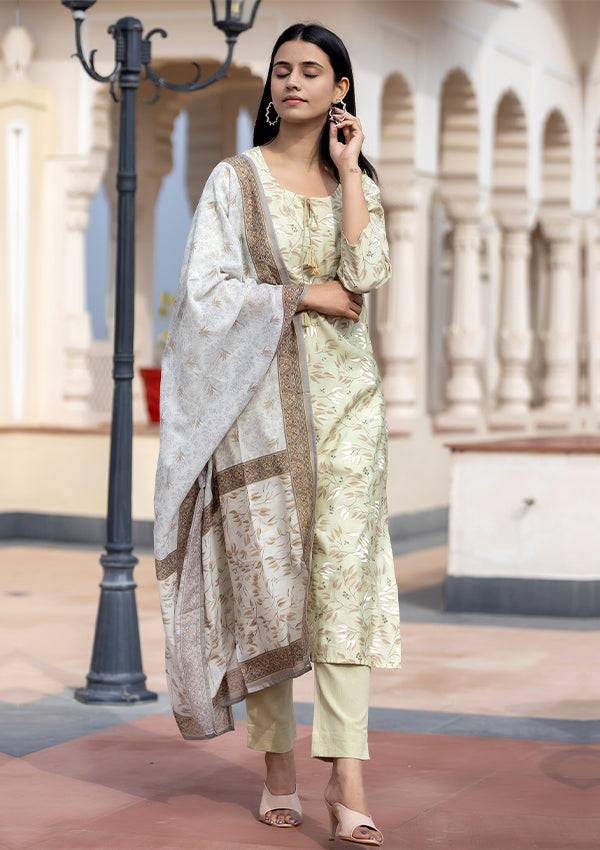 Buy floral green silk suit set for women 