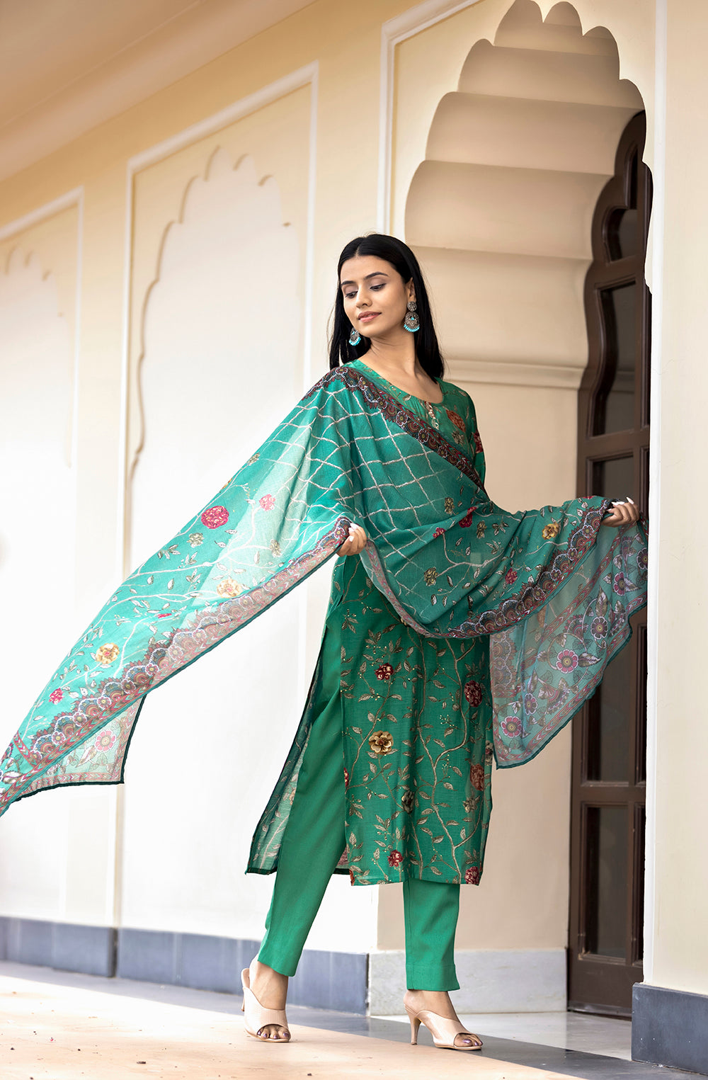 Women's Green Modal Silk Printed Kurta Set With Trouser and Dupatta
