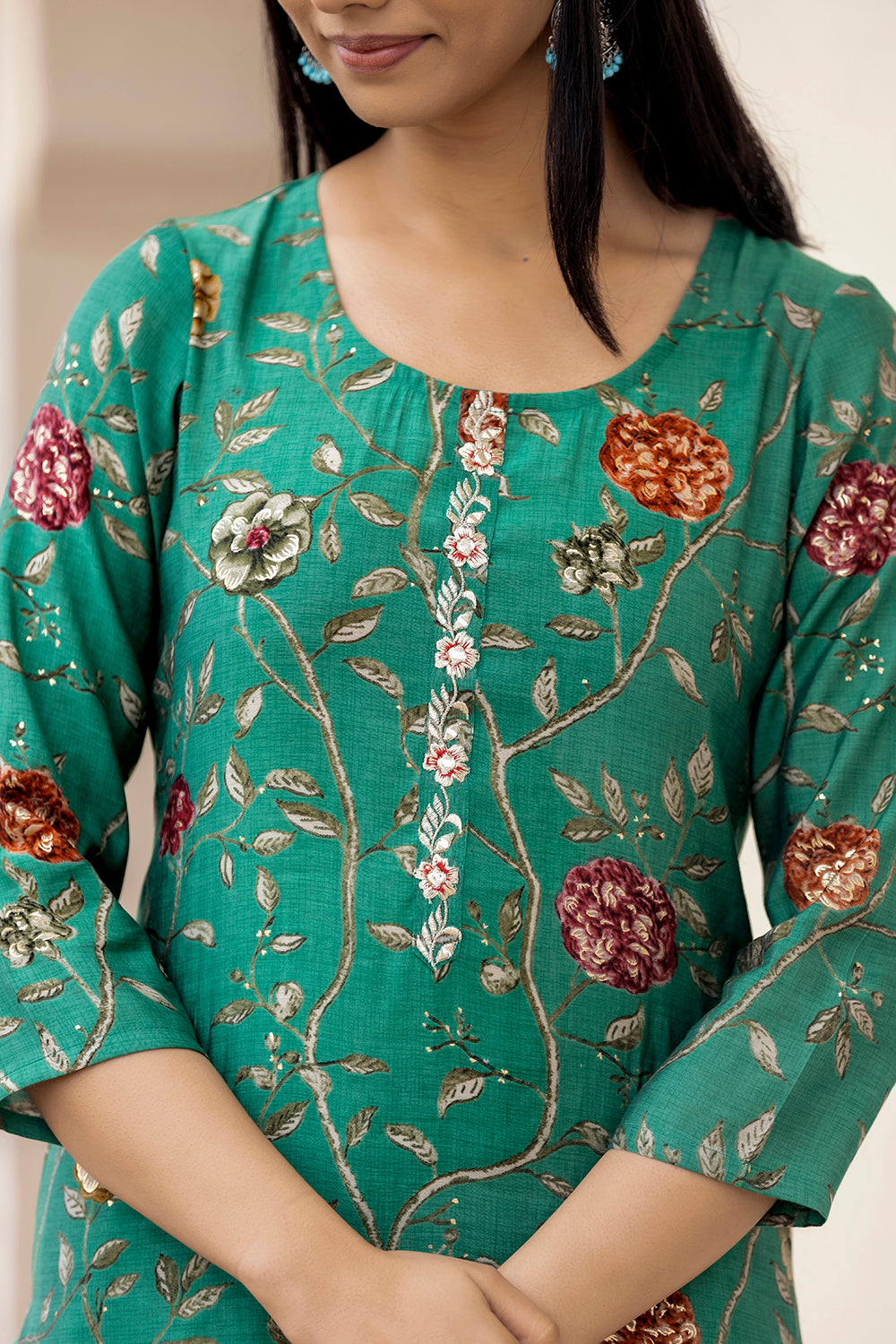 Women's Green Modal Silk Printed Kurta Set With Trouser and Dupatta
