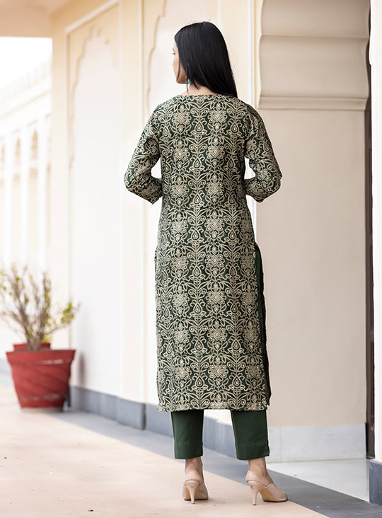 Women's Green Bandhej Print Modal Silk Kurta Pant Set With Dupatta