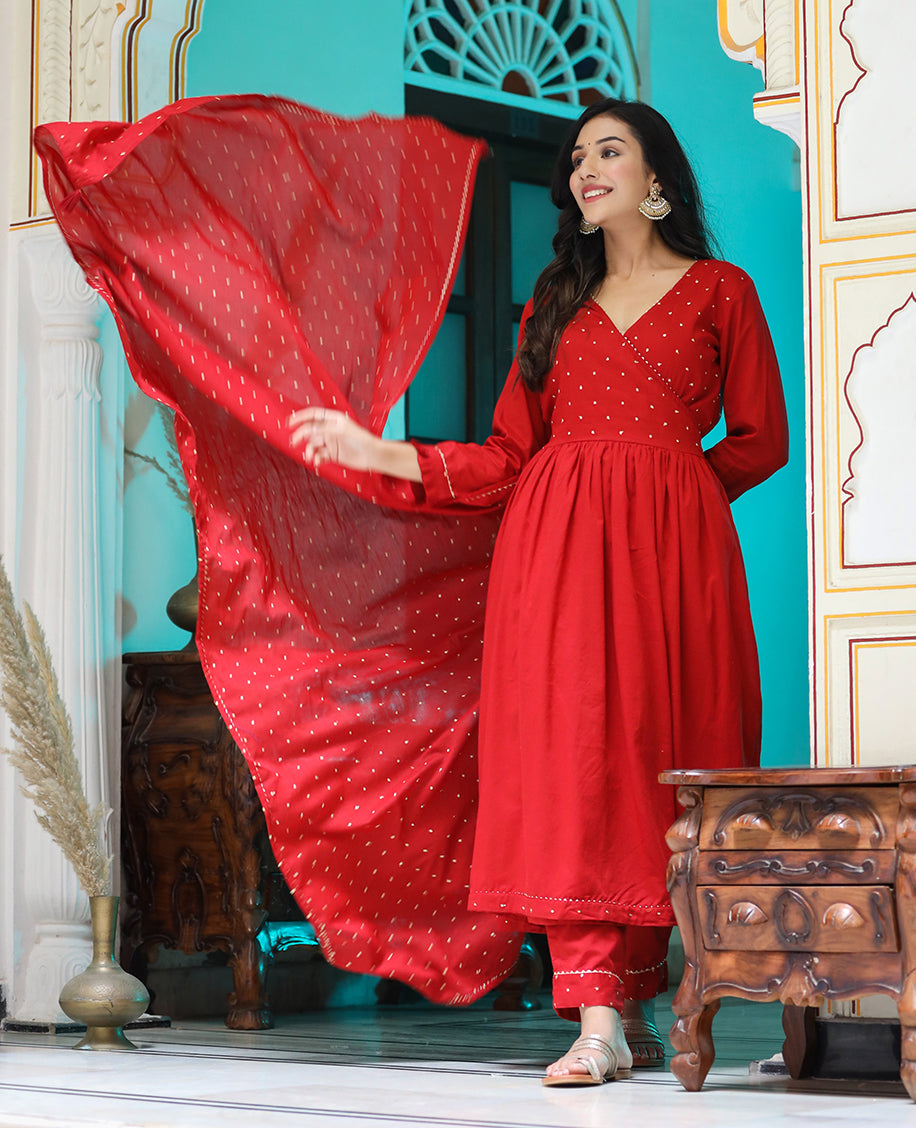Red Embroidered Angrakha Kurta Set With Trouser and Dupatta (pack of 3)