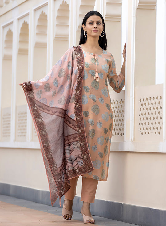 Women's Peach Modal Silk Printed Kurta Pant Set With Dupatta